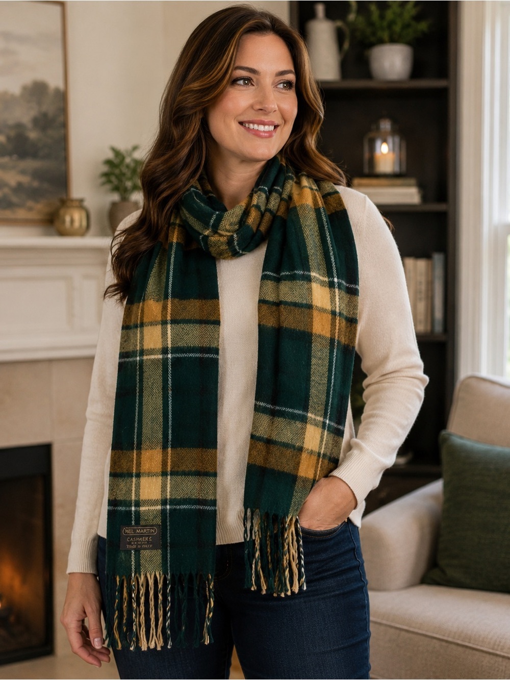 Neil Martin Plaid Fringe Scarf Wrap Green Tan Italy Winter Shawl